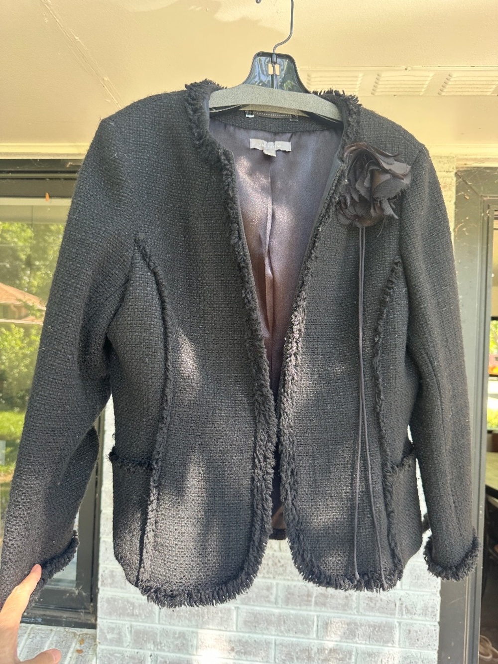 Ann Taylor wool boucle blazer with frog closure and silk rosette